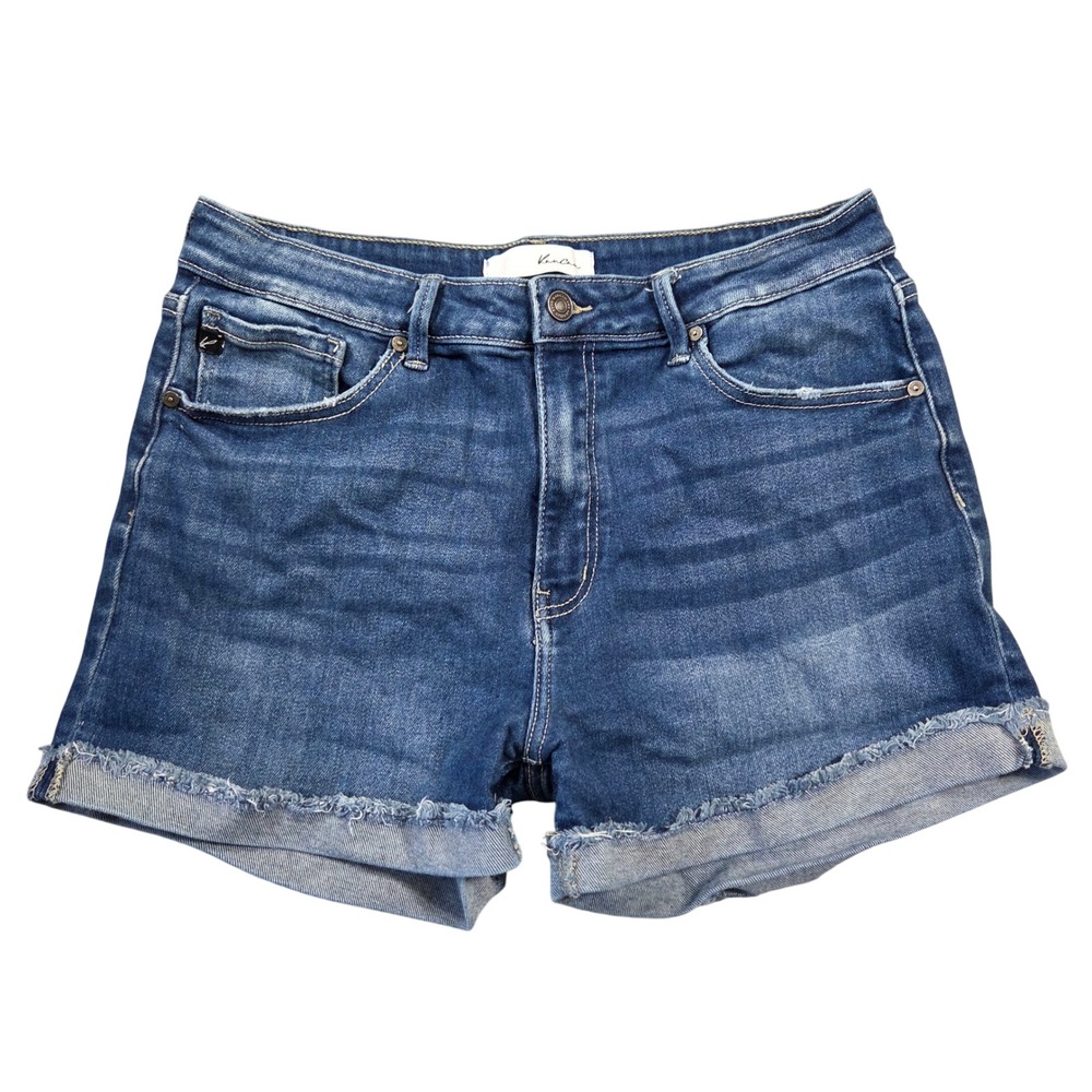 KanCan High Rise Medium Wash‎ Cuffed Raw Hem Denim Shorts KC20006M Size 15/31